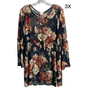 Fig + Olive Floral Navy Blue Mesh Semi Sheer Juliet Sleeve Blouse 3XL Plus Tunic
